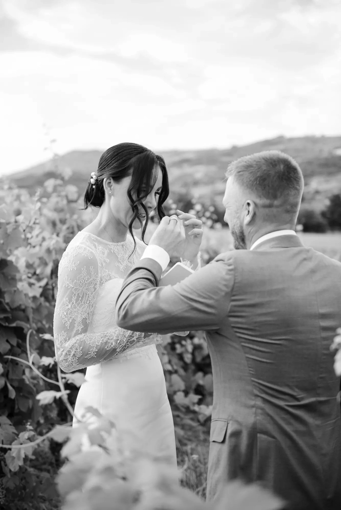 A lot of emotions for the bride and groom as they read they vows in the vineyards